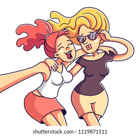 Illustration with two cheerful girlfriends. Do selfie.