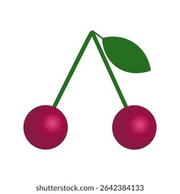 Illustration of two cherries connected by green stems with a single green leaf. Simple and clean design for food-related graphics