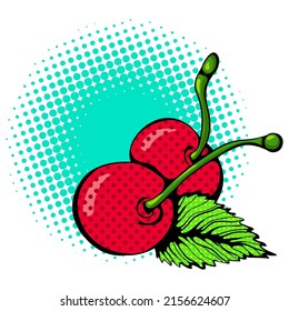 Illustration two cherries. Fruit close up. Vector bright colored print in Pop Art style. Retro cartoon comic style. Design for stickers, poster