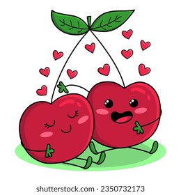 Illustration of two cherries in love, print design