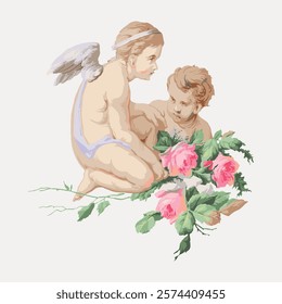 Illustration of two cherubs with wings, surrounded by pink roses. Cherubs are depicted in a classic style, emphasizing innocence and beauty.