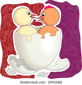 Illustration of two chickens with in the egg shell	