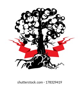 Illustration of two child sitting on apple tree`s branches with red ribbon. Tree with a good harvest of ripe apples. Can be used to book design, decorative paper, web design, card, wallpaper, etc.