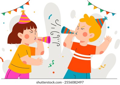 Illustration of two children blowing a trumpet. a suitable illustration to welcome the new year. with a flat and colorful design