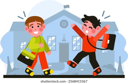 Illustration of two children carrying bags to school vector design school theme with a flat and colorful design blend