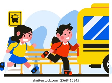 Illustration of two children chasing a school bus vector design school theme with a flat and colorful design blend