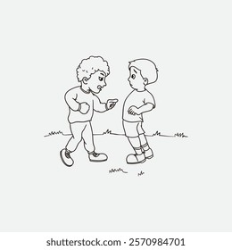 Illustration of two children disputing in a park, expressing emotions and interactions in a playful outdoor scene.