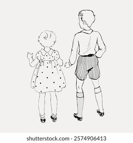 Illustration of two children, a girl and a boy, holding hands. The girl wears a polka dot dress, the boy in shorts. Simple, vintage, black and white drawing. Vintage style art, isolated vector.