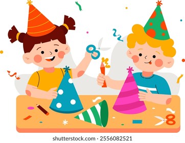 Illustration of two children making party hats. illustration suitable for welcoming the new year. with a flat and colorful design