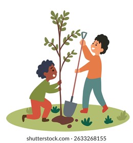 illustration of two children planting a tree together. One child is holding the young tree while the other uses a shovel to dig the soil. The image symbolizes teamwork, environmental awareness, and th