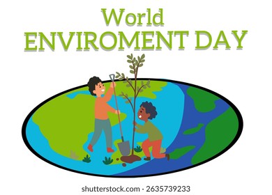 Illustration of two children planting a tree on Earth for World Environment Day. Promotes awareness of environmental care, sustainability, and green initiatives. Great for eco-friendly campaigns