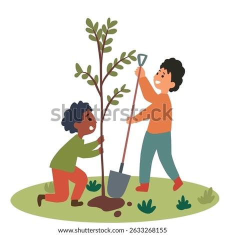 illustration of two children planting a tree together. One child is holding the young tree while the other uses a shovel to dig the soil. The image symbolizes teamwork, environmental awareness, and th