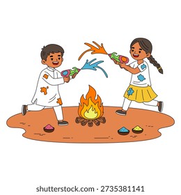 Illustration of Two children playfully engaging in the water-fight aspect of Holi, aiming their water guns for Holi Indian Festival.