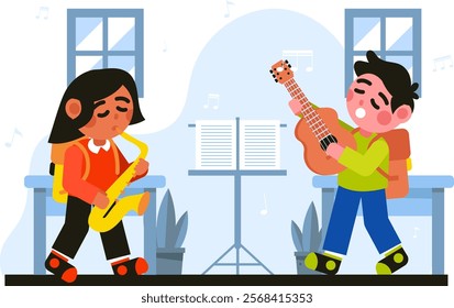Illustration of two children playing musical instruments vector design school theme with a flat and colorful design blend