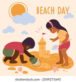 Illustration of two children playing in the sand and building castles with beach tools. The fun, sunny scene captures the joy of a day at the beach, perfect for summer and family themes.