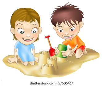 A illustration of two children playing in the sand, making sandcastles