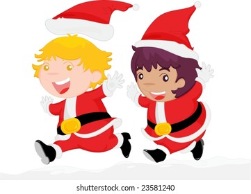 Illustration of two children in santa outfits