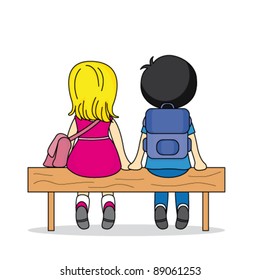 Illustration of two children sitting on a bench. lovers