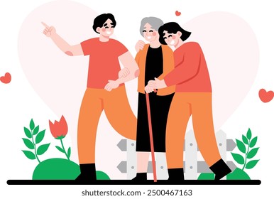 Illustration of two children taking their mother for a walk. Vector illustration of a special Mother's Day event with family harmony and warmth. vector flat design