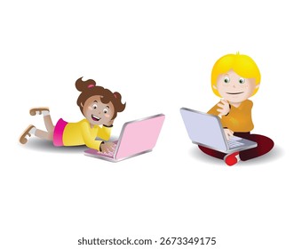 illustration of a two children using laptop to do daily task on isolated white background