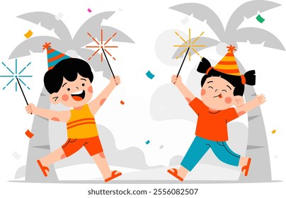 Illustration of two children who are celebrating by playing fireworks. a suitable illustration to welcome the new year. with a flat and colorful design