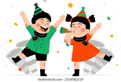 Illustration of two children who are celebrating by blowing a trumpet. a suitable illustration to welcome the new year. with a flat and colorful design