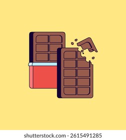 illustration of two chocolate bars, one partially unwrapped in red packaging and the other with a bitten corner and crumbs flying cartoon vector hand drawn
