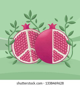 Illustration of two chopped pomegranates accompanied by green leaves. Picture of pomegranate with geometric style and green background.
