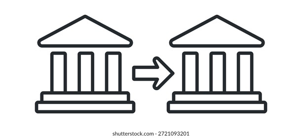 Ilustración de dos edificios clásicos con una flecha que indica la transferencia o el movimiento entre ellos.