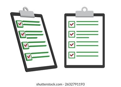 Illustration of two clipboards with completed checklists, featuring green lines and red check marks on white paper.
