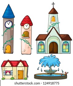 Illustration of two clock tower, a church, a house and a fountain on a white background