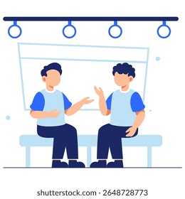 Illustration of two close friends sitting and talking on a train, capturing a moment of connection and relaxation