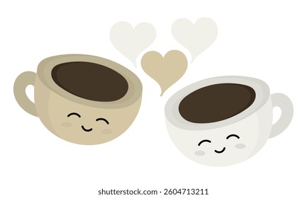illustration of two coffee cups with smiling faces with smoke forming a heart in the middle on a white background