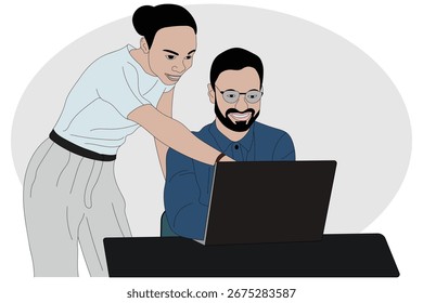 Ilustración de dos colegas que colaboran en una computadora portátil, sonriendo y discutiendo el trabajo, el trabajo en equipo y el concepto de comunicación de oficina.