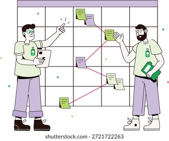 Illustration of two colleagues working together on a project board for team collaboration.