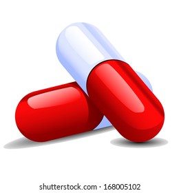 illustration of two colored realistic pill which divided on first half red color and second half on white color on white background with shadows