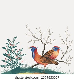 Illustration of two colorful birds on a branch, surrounded by foliage. Vibrant birds with detailed feathers, perched in a natural setting with plants and branches. Vintage bird illustration vector.