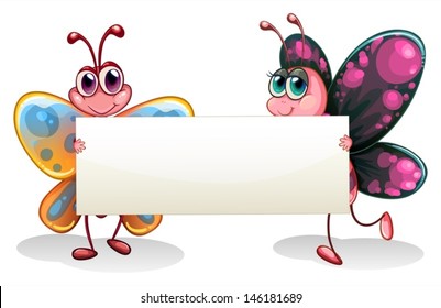 Illustration of the two colorful butterflies holding an empty banner on a white background 