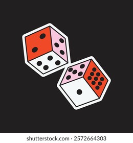 Illustration of two colorful dice, one red and one pink, on a black background. Dice show various numbers, creating a playful and vibrant design. Aesthetic vector illustration.