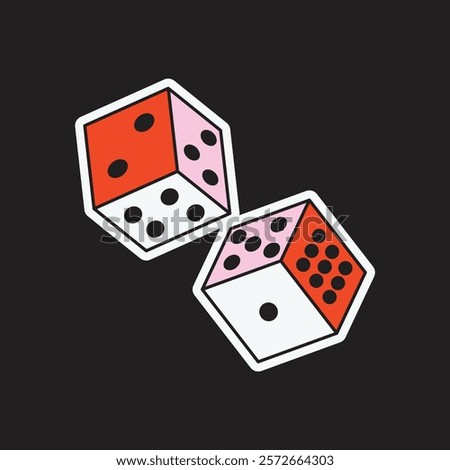 Illustration of two colorful dice, one red and one pink, on a black background. Dice show various numbers, creating a playful and vibrant design. Aesthetic vector illustration.