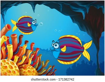 Illustration of the two colorful fishes inside the cave under the sea on a white background