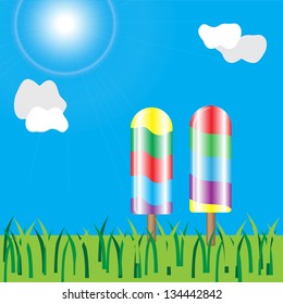 Illustration of two colorful ice cream and nature background.