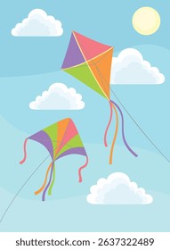 Illustration with two colorful kites flying in the cloudy sky. Outdoor toys on string fly in wind