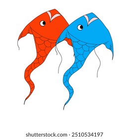 Illustration of two colorful kites shaped like fish, one orange and one blue, with detailed scales and flowing tails on a white background.