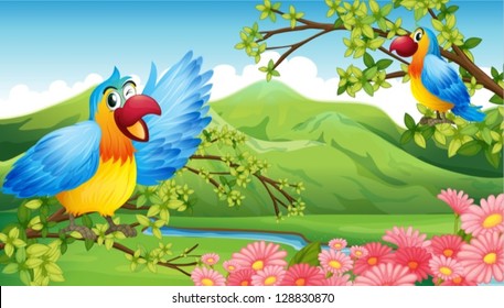 Illustration of two colorful parrots in a mountain scenery