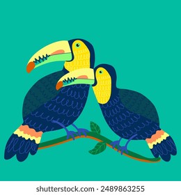 Illustration of two colorful toucans with yellow beaks and black, blue, and orange feathers, perched on a leafy branch against a turquoise background. Hand-drawn vector illustration