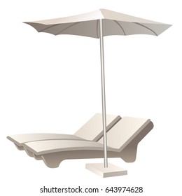 illustration of two comfortable lounge chairs with umbrella