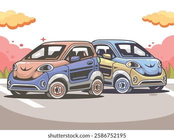 illustration of two compact electric cars in a cute and cartoonish style, parked on a road with a scenic background of clouds and nature. One car is a mix of orange and blue