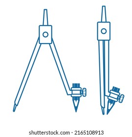 Illustration of two compasses, line drawing, blue, left compass open, right compass closed - Powered by Shutterstock - Get 15% off with code: PIKWIZARD15