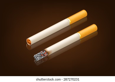 illustration of two conditions of cigarettes on dark brown background with reflect